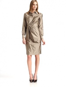 The classic shirtdress is redefined with a twist front detail and a whimsically askew button placket.Point collar Front button closure Twist front detail Askew button placket Pleated detail at the skirt Side snap and zip closure Back waist seams About 38½ from shoulder to hem 51% silk/49% polyester Dry clean Made in Italy