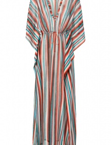 Make a dramatic poolside debut in Missonis ultra glamorous contrast striped kaftan - V-neckline in front and back, draped 3/4 length sleeves, drawstring waistline, sunset stitched trim - Softly fitted with an adjustable drawstring waistline - Pair with studded sandals and an oversized statement tote