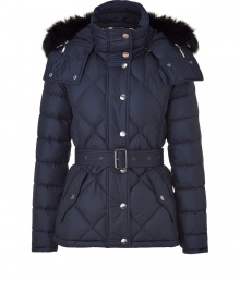 Ultra-luxe and undeniably stylish, this fitted down jacket from Burberry Brit will elevate any cold weather look - Stand collar with snaps, concealed zip closure, snap front placket, hood with fox fur trim, long sleeves, quilted, flap pockets with snaps, belted waist, fitted silhouette - Style with skinny jeans, a cashmere cardigan, and over-the-knee boots