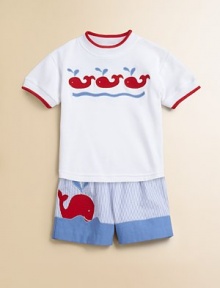 Swimming whale appliqués and contrasting trim make a splash on the front of this plush cotton knit.CrewneckShort sleevesPullover styleCottonMachine washImported