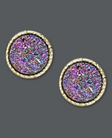 Like a colorful splash of confetti, these multicolored druzy earrings will bring the party. Set in 14k gold. Approximate diameter: 1/2 inch.