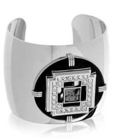 A dazzling black enamel and crystal motif adds a spark to this cuff bracelet from T Tahari. Crafted in silver tone mixed metal. Base metal is nickel-free for sensitive skin. Approximate diameter: 2-1/4 inches.