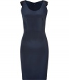 Luxe sheath dress in fine, pure dark blue silk crepe - An elegant summer stunner from knits maestro Sophie Theallet - Fitted bodice with round neckline and flattering darts at bust - Tiny cap sleeves and decorative seams - Kick pleated pencil skirt hits above the knee - Zips at back - Pair with peep toe pumps or kitten heels and a statement clutch