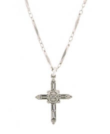 Vatican introduces religious-inspired jewelry with subtle elements of sparkle. An intricate cross decorated with luminous crystals hangs from a delicate chain crafted in silver tone mixed metal. Approximate length: 18 inches. Approximate drop: 1-1/2 inches.