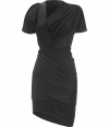 Stylish cocktail dress in silk - LBD in a mega stylish version - refined and extravagant, cutting-edge Haute Couture look - asymmetrical cut with cut-out shoulder and neckline, draping - slim pencil skirt cut, elbow-length sleeves, slim, fitted close to the body - this dress works feminine, really shows off your curves - the ideal dress for cocktail parties and wherever you want to look mega chic - best worn with high sandals