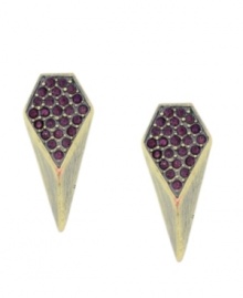 Good point! The pointed teardrop silhouette on BCBGeneration's stylish stud earrings has an edgy effect. Crafted in nickel tone mixed metal, they're adorned with pretty purple glass accents. Approximate diameter: 1 inch.