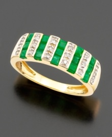 Adorn yourself with excitement. This ring features stunning stripes of round-cut diamonds (1/10 ct. t.w.) and princess-cut emeralds (9/10 ct. t.w.) set in 14k gold.