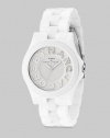 A sleek stainless steel timepiece with glitzy logo dial and sporty plastic link bracelet.Quartz movement Water resistant to 5 ATM White dial Round stainless steel case, 40mm, (1.57) Logo hour markers along outer concave ring with rhinestone 'Marc' Second hand Plastic link bracelet, 20mm, (.78) Tri-fold buckle Imported 