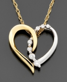 A glittering heart with a streak of brilliance. This beautiful pendant features round-cut diamonds (1/10 ct. t.w.) set in 14k white & yellow gold. Approximate length: 16 inches. Approximate drop: 1/2 inches.