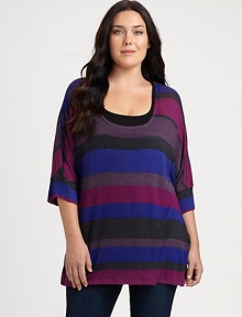 Classic stripes in updated hues give this relaxed-fit tunic instant appeal. You will be a fan of the three-quarter sleeves offering stylish arm coverage.ScoopneckDolman sleevesAllover printPull-on styleAbout 30 from shoulder to hemRayonMachine washMade in USA