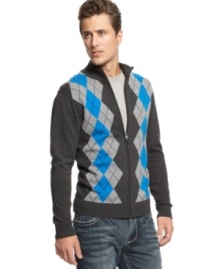 A bold pattern adds some big time detail to your layered look this fall with this argyle full-zip sweater from INC International Concepts.