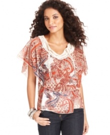 Crochet and a vibrant paisley print combine in this boho-chic top from Cha Cha Vente. The tiered silhouette is so feminine, too!