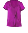 Chic, tailored-with-a-twist separates elevate any wardrobe, and Steffen Schrauts purple silk blouse is a ready addition this season - Especially flattering, thanks to a touch of stretch - Slim cut, with short sleeves, heart d?collet? and decorative drape detail - Zips at back - Versatile style seamlessly transitions from work to weekend - Pair with skinny denim, leather pants, dress trousers or a pencil skirt