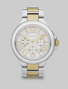 Understated chic joins high performance in this timepice with simple lines in goldtone and silvertone, smartly contrasted.Quartz movementWater resistant to 10 ATMSilvertone stainless steel round case, 43mm diameter (1.7)Polished bezelWhite dialOversized goldtone Roman numeralsSecond handThree chronograph sub dialsDate window between 4:00 and 5:00Two-tone link braceletImported