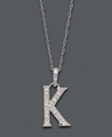 Spell it out in sparkle! This personalized initial charm necklace makes the perfect gift for Karen or Kate. Features sparkling, round-cut diamond accents. Setting and chain crafted in 14k white gold. Approximate length: 18 inches. Approximate drop: 1/2 inch.