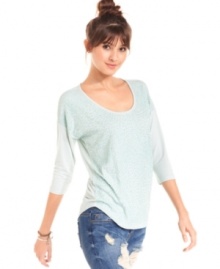 Opt for Eyeshadow's three-quarter sleeve sequin-front top for casual style that goes all out!