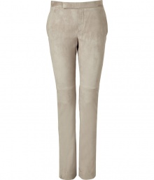 With a classic chino cut, these ultra-luxe suede pants from Ralph Lauren are a trend-right alternative to your tried-and-true trousers - Button tab front, on-seam pockets, back welt pockets with button, slim legs with seam detail above knee - Pair with a sheer blouse, a slim blazer, and platform heels