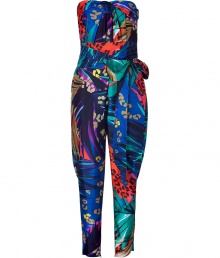 Inject edgy glamour into your summer-ready look with this luxe silk jumpsuit from Salvatore Ferragamo - Strapless, bustier style top, draped front detail, self-tie waist belt, draped waist, cropped straight leg fit, relaxed silhouette, all-over print - Pair with platform pumps, a leather jacket, and an embellished clutch