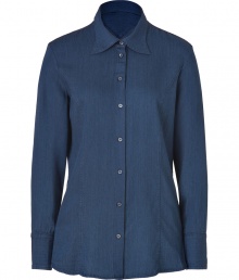 Detailed in a super soft mix of cotton, cupro and wool, Theyskens Theorys indigo button-down counts as a must for Downtown-cool looks - Oversized spread collar, long sleeves, buttoned cuffs, button-down front - Loosely tailored fit - Wear with contrast-colored denim, booties and a leather jacket