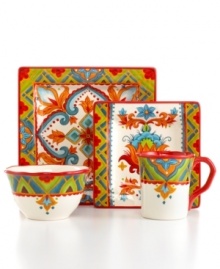 The big bold florals and exuberant hues of the Pasha place settings by Tabletops Unlimited get everyone excited about eating in. Featuring square dinner plates and scalloped accessories for stylish flair.