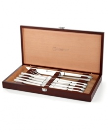 Make an interesting point. This steak knife & carving set masters prep & presentation with impeccable pieces meticulously crafted from durable, long-lasting stainless steel that provides a precision approach to slicing, dicing and plating your favorite meats and poultry. The stunning rosewood box protects your favorite table essentials and adds a charming accent to your setup. Lifetime warranty.