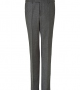 Inject instant elegance into your work or play look with these luxe wool-cashmere pants from Baldessarini - Flat front with button tab, belt loops, off-seam pockets, back welt pockets with buttons - Straight leg with crease detail - Style with a matching blazer or a cashmere pullover