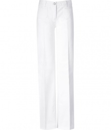 Stylish pants in white cotton - absolute trendy cut in  70s jet-set look - for women whose fashion models are Jerry Hall, Jackie O and Faye Dunaway - looks ladylike, elegant and grown-up - with wide, creased legs, a high waistband with belt loops, button fastener, front pockets - in  summery  white, which is now combined with white for a complete tone-on-tone look - with high wedge heels