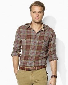 Ideal as a layering piece or perfectly rugged on its own, this trim-fitting military shirt is rendered from supremely soft flannel in a classic plaid print.