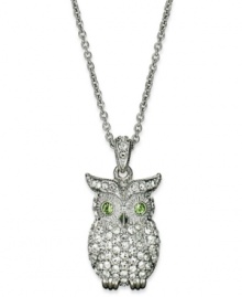 Adding elegance to your look is a wise idea. This Eliot Danori necklace showcases a charming owl embellished with glass crystal accents. Green-colored eyes. Crafted in rhodium-plated mixed metal. Approximate length: 16 inches + 2-inch extender. Approximate drop: 5/8 inch.