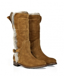 Stylish and warm, these ultra-luxe boots from Ermanno Scervino feature supple suede with a lavish fur lining - Rounded toe, chunky heel, mid-shaft length, buckle detail at ankle, fur trim and lining, pull-on style - Wear with skinny jeans, an oversized cashmere pullover, and a modernized parka