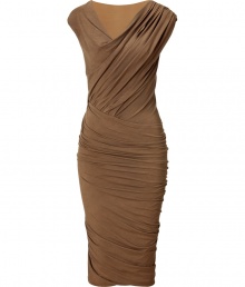 The ultimate figure-hugging dress, this draped Donna Karan favorite will have you turning heads while maintaining comfort - Asymmetrical V-neckline, cap sleeves, front and back twist drape detail, fitted pencil silhouette - Style with statement sandals, a draped front leather jacket, and a studded clutch