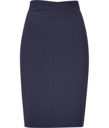 Elegant skirt in fine, dark blue cotton and synthetic fiber blend - Especially comfortable and flattering, thanks to a touch of stretch - Slim-fitting pencil cut hits above the knee - New, higher waist - Decorative seams and rear kick pleat - Zips at back - Sleek and streamlined, in a classically sophisticated pin stripe - Pair with a silk top, tie neck blouse or tank and cropped cardigan and peep toe pumps or leather sandals