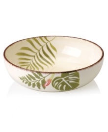 Feel like you're on holiday with Clay Art's tropical Hibiscus serving bowl, featuring rosy pink blooms and a rustic cocoa-brown rim in dishwasher-safe earthenware.