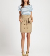 The classic trench is reinvented as a trendy, tailored pencil skirt.Belted waistButton frontAngled flap side pockets with buttonsBack ventAbout 21 from natural waistCottonDry cleanImported Model shown is 5'10 (177cm) wearing US size 4.