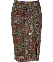 Work an iconic paisley into your sophisticated daytime look with a characteristic print stretch wool-blend skirt from Etro - Hidden side zip, ruched front panel, front slit, form-fitting - Pair with a color-pop cashmere cardigan and sleek platform pumps