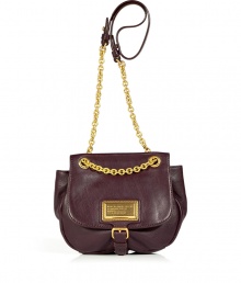 Make a stylish statement in this ultra-chic chain-detailed crossbody bag from Marc by Marc Jacobs - Front flap with logo plaque and buckle, adjustable shoulder strap with chain detail, pleated side detail, textured leather - Perfect for cocktails or off-duty chic