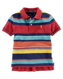 A colorful array of horizontal stripes turns a classic mesh polo into a new favorite.