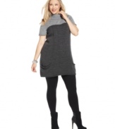 Stay cute in cooler weather with Elementz' plus size sweater dress, featuring a colorblocked pattern.