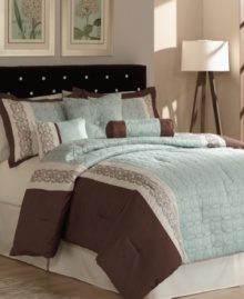 An embroidered geometric circular pattern, over waves of cool blue color, creates luxurious texture in this Ashbery comforter set. Pieces are accented with contrasting brown and cream tones. Comes complete with bedskirt, shams and three decorative pillows for an exquisite allure.