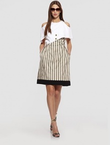 This unique striped style comes with a silk-lined capelet.Removable capelet with jewel neckline, shoulder cutouts, and slit backDecorative buttonsCriss-cross strapsContrast hemlineConcealed back zipFully linedAbout 23½ from natural waistCapelet: 75% cotton/25% silkDress: viscoseDry cleanMade in Italy of imported fabricModel shown is 5'11 (180cm) wearing US size 4. 