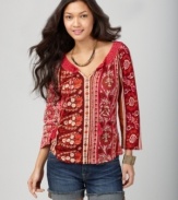 Inspired by Eastern batik designs, this printed Lucky Brand Jeans top features crochet and tassels at the neckline for a handcrafted look. Made from lightweight cotton, it's a comfy match with your favorite jeans!