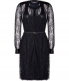 Inject dark glamour into your evening look with By Malene Birgers delicate lace dress - Rounded neckline, long sleeves, buttoned satin cuffs, epaulette detail, partial button-down front,  elasticized belted waistline, full racer-back lining - Tailored feminine fit - Team with flawless pumps and jet black accessories