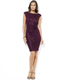 A sleek shirred knot detail and glittering sequins dress up the look of Lauren Ralph Lauren's elegant bateau-neck dress.