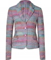 Vibrant fuchsia and teal multicolor short coat - Bring a colorful pop to any ensemble with this luxe blazer - Notched lapel, two-button front closure, flap pockets, multicolor pattern - Style with a tie-neck blouse, flared jeans, and platform boots