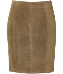 Luxurious skirt in fine, doe-colored brown suede - Ultra-exclusive and ultra-elegant pencil cut with relaxed thigh length - Side concealed zipper closure and subtle, back vent - Dramatic piece for day or evening - Wear to the office with a silk blouse, blazer and heels