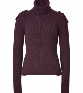 Recently relaunched with a fashion-forward aesthetic, Belstaffs take on modernized knitwear makes the turtleneck pullover a downtown-approved must-have essential - Ribbed turtleneck, epaulets, figure-hugging ribbed knit with seaming detail at waist, slim fit - Wear with a leather mini-skirt, opaque tights, and heels