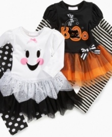 To make her as sweet as a Halloween treat, dress up your little boo with one of these Halloween tutu dress and leggings sets from Bonnie Jean.