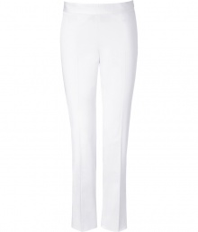 Achieve classic style with these flattering cotton pants from Moschino Cheap & Chic - Wide waistband, straight leg, front crease detail, concealed side zip closure, ankle length - Wear with a silk blouse, platform heels, and an oversized satchel