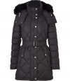 Ultra-luxe and undeniably stylish, this fitted down jacket from Burberry Brit will elevate any cold weather look - Stand collar with snaps, concealed zip closure, snap front placket, hood with fox fur trim, long sleeves, quilted, flap pockets with snaps, belted waist, fitted silhouette - Style with skinny jeans, a cashmere cardigan, and over-the-knee boots