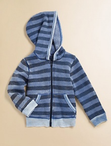 Alarmingly soft hoodie in a contrasting stripe print will make mornings easier for you and more fun for him. Attached hoodFront zipperLong sleeves with banded cuffsSplit kangaroo pocketBanded hemBody: 50% polyester/45% rayon/5% cottonTrim: 52% cotton/48% polyesterMachine washImported